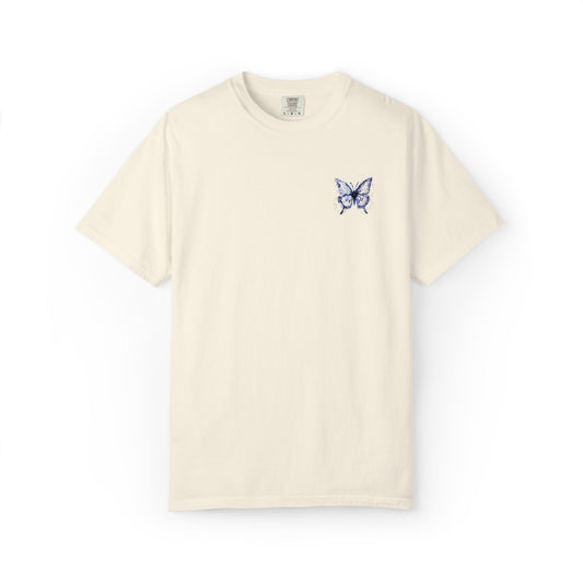 BUTTERFLY EMBROIDERED LOGO Garment-Dyed T-Shirt, Casual Unisex Tee, Vintage Style Shirt, Everyday Wear